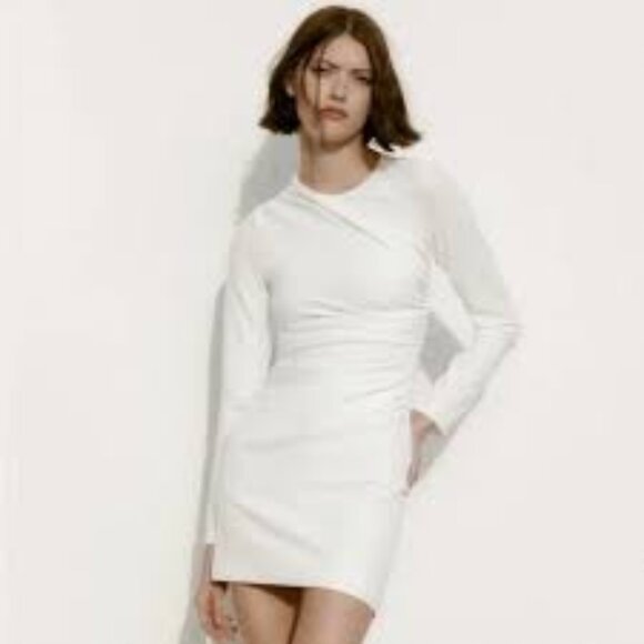 Zara White Ruched One Shoulder Bodycon Dress - Picture 1 of 7